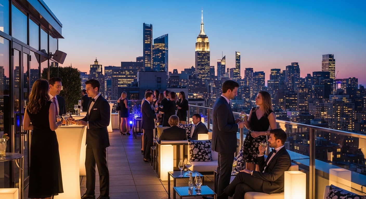 Best Dating Spots in NYC - Luxury rooftop bar with Manhattan skyline